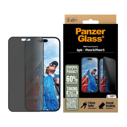 Schutzfolie Privacy PanzerGlass Ultra-Wide Fit EasyAligner für Apple iPhone 16 / 15, gehärtetes Glas, Full Glue