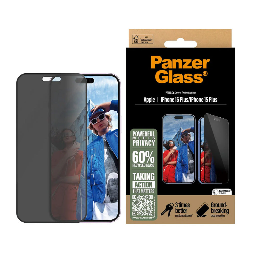 Privacy Screen Protector PanzerGlass Ultra-Wide Fit EasyAligner voor Apple iPhone 16 Plus / 15 Plus, Gehard Glas, Volledige Lijm