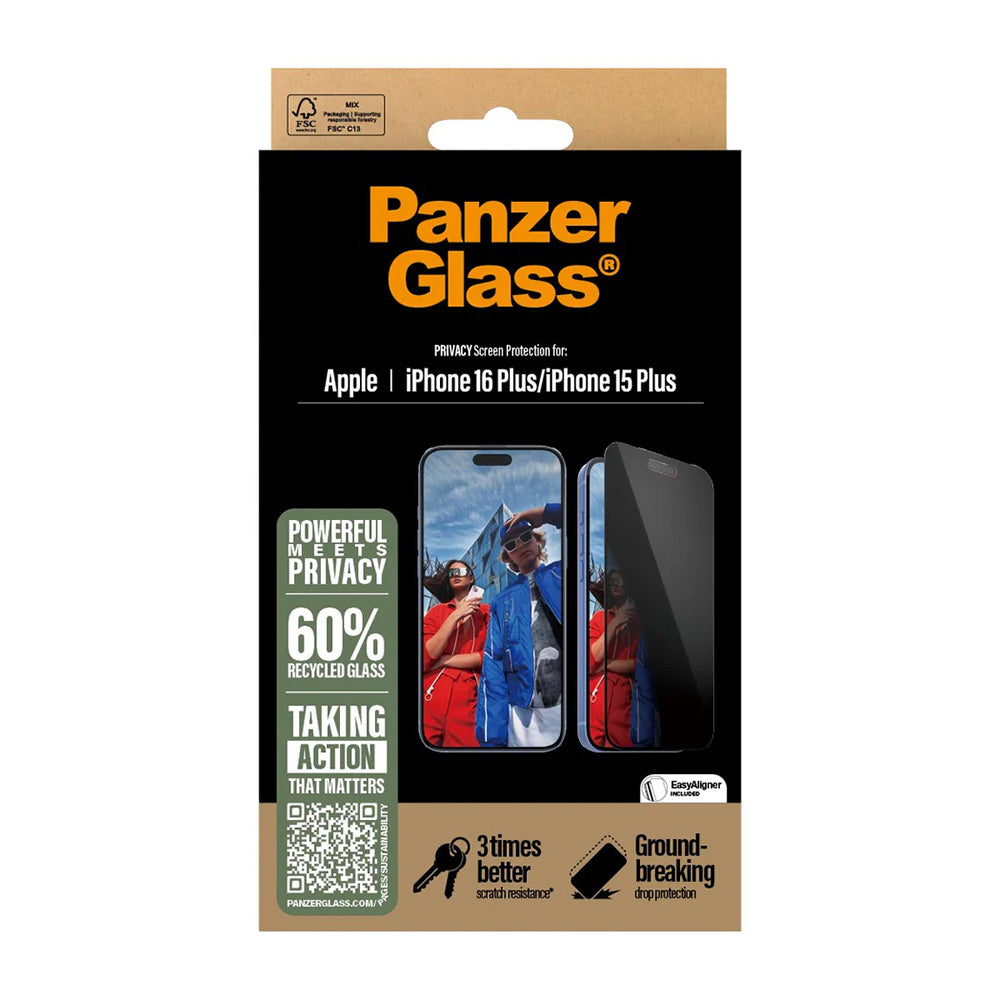 Privacy Screen Protector PanzerGlass Ultra-Wide Fit EasyAligner voor Apple iPhone 16 Plus / 15 Plus, Gehard Glas, Volledige Lijm