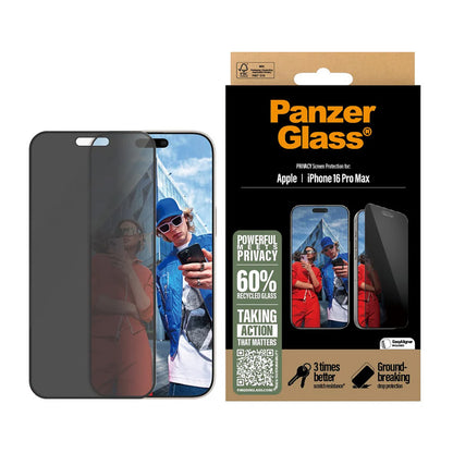 Beschermfolie Privacy Scherm PanzerGlass Ultra-Wide Fit EasyAligner voor Apple iPhone 16 Pro Max, Gehard Glas, Volledige Lijm