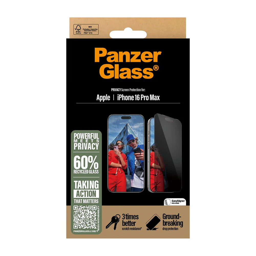 Beschermfolie Privacy Scherm PanzerGlass Ultra-Wide Fit EasyAligner voor Apple iPhone 16 Pro Max, Gehard Glas, Volledige Lijm