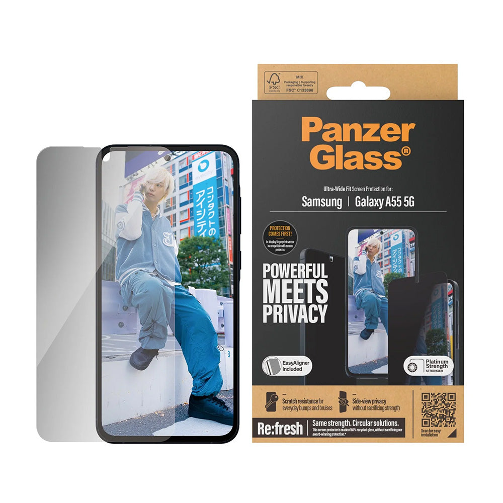 Privacy-schermbeveiligingsfolie PanzerGlass Ultra-Wide Fit voor Samsung Galaxy A55 5G A556, Gehard Glas, Volledige Lijm