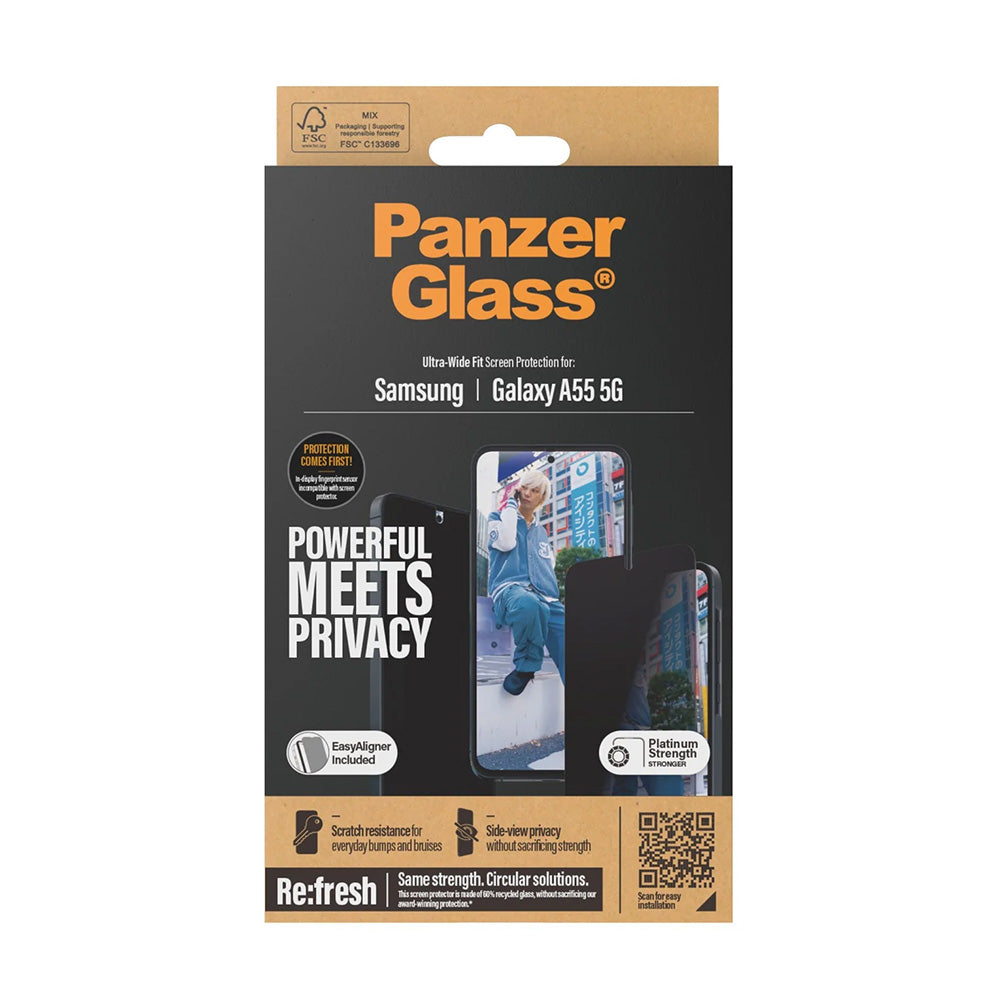 Privacy-schermbeveiligingsfolie PanzerGlass Ultra-Wide Fit voor Samsung Galaxy A55 5G A556, Gehard Glas, Volledige Lijm