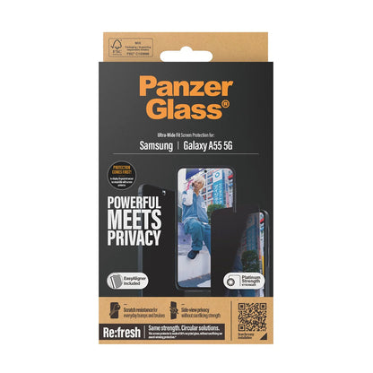 Privacy-schermbeveiligingsfolie PanzerGlass Ultra-Wide Fit voor Samsung Galaxy A55 5G A556, Gehard Glas, Volledige Lijm