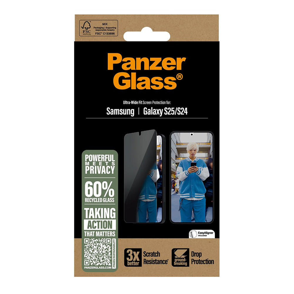 Privacy-schermbeveiligingsfolie PanzerGlass Ultra-Wide Fit voor Samsung Galaxy S25 S931 / S24 S921, Gehard Glas, Volledige Lijm