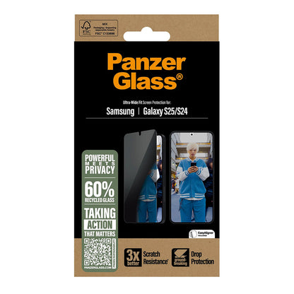 Privacy-schermbeveiligingsfolie PanzerGlass Ultra-Wide Fit voor Samsung Galaxy S25 S931 / S24 S921, Gehard Glas, Volledige Lijm