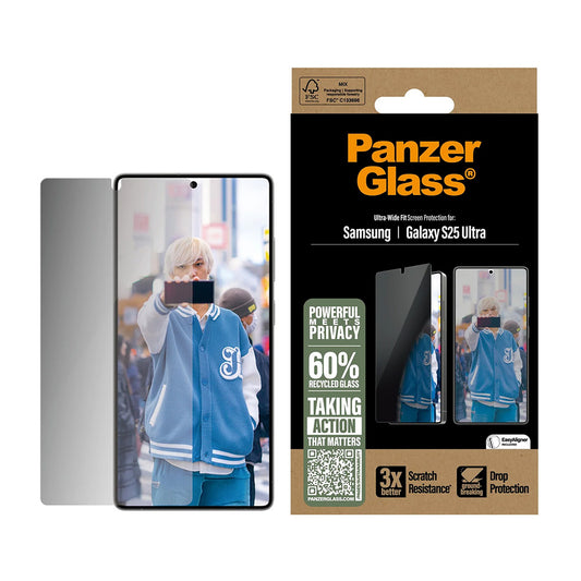 Schutzfolie Privacy PanzerGlass Ultra-Wide Fit für Samsung Galaxy S25 Ultra S938, gehärtetes Glas, Full Glue