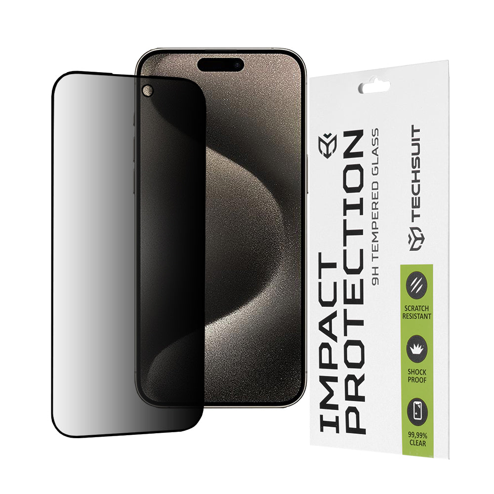 Privacy-Schutzfolie Techsuit für Apple iPhone 15 Pro Max, gehärtetes Glas, Full Glue, 111D