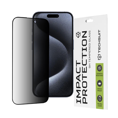 Privacy Techsuit Displayschutzfolie für Apple iPhone 15 Pro, gehärtetes Glas, Full Glue, 111D