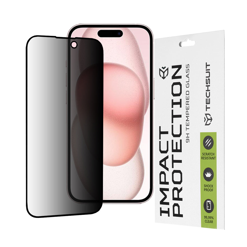 Privacy Techsuit Displayschutzfolie für Apple iPhone 16 / 15, gehärtetes Glas, Full Glue, 111D