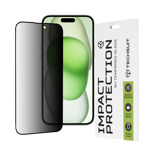 Film de protection d'écran Privacy Techsuit pour Apple iPhone 16 Plus / 15 Plus, Verre trempé, Full Glue, 111D