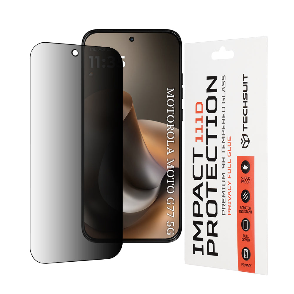 Schutzfolie Privacy Techsuit für Motorola Moto G77 / G67, gehärtetes Glas, Full Glue, 111D