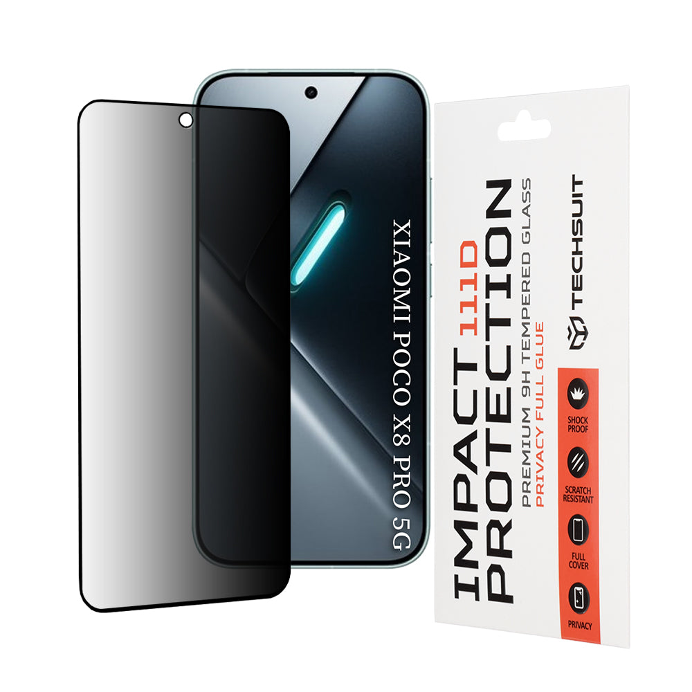Schutzfolie Privacy Techsuit für Xiaomi Poco X8 Pro, gehärtetes Glas, Full Glue, 111D