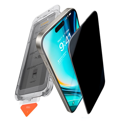 Schutzfolie Privacy Torras GlassGo Install Master für Apple iPhone 16 Plus, Gehärtetes Glas, Vollverklebung