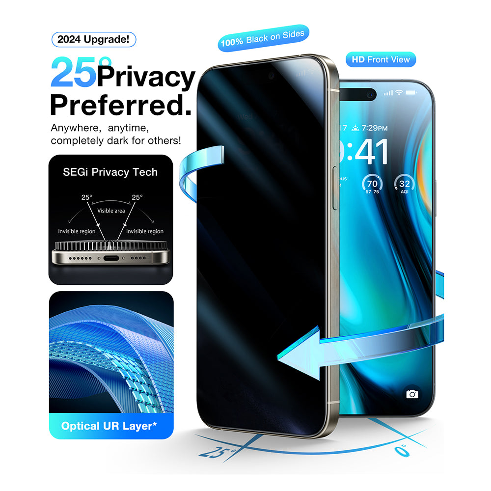Film de protection d'écran Privacy Torras GlassGo Install Master pour Apple iPhone 16 Pro Max, Verre Sécurisé, Collage Complet