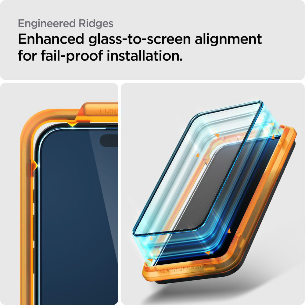 Schutzfolie Spigen GlastR Align Master für Apple iPhone 15, gehärtetes Glas, Full Glue, Set mit 2 Stück, Schwarz AGL06906