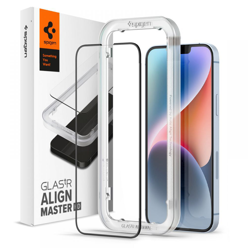 Spigen GlastR Align Master schermbeschermfolie voor Apple iPhone 17e / 16e / 14 / 13 Pro, Gehard Glas, Volledige Lijm, Zwart AGL03725