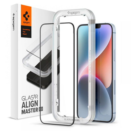 Spigen GlastR Align Master schermbeschermfolie voor Apple iPhone 17e / 16e / 14 / 13 Pro, Gehard Glas, Volledige Lijm, Zwart AGL03725