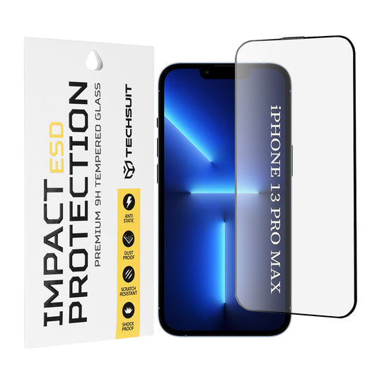 Film de protection d'écran Techsuit pour Apple iPhone 13 Pro Max, Verre trempé, Collage intégral, Noir