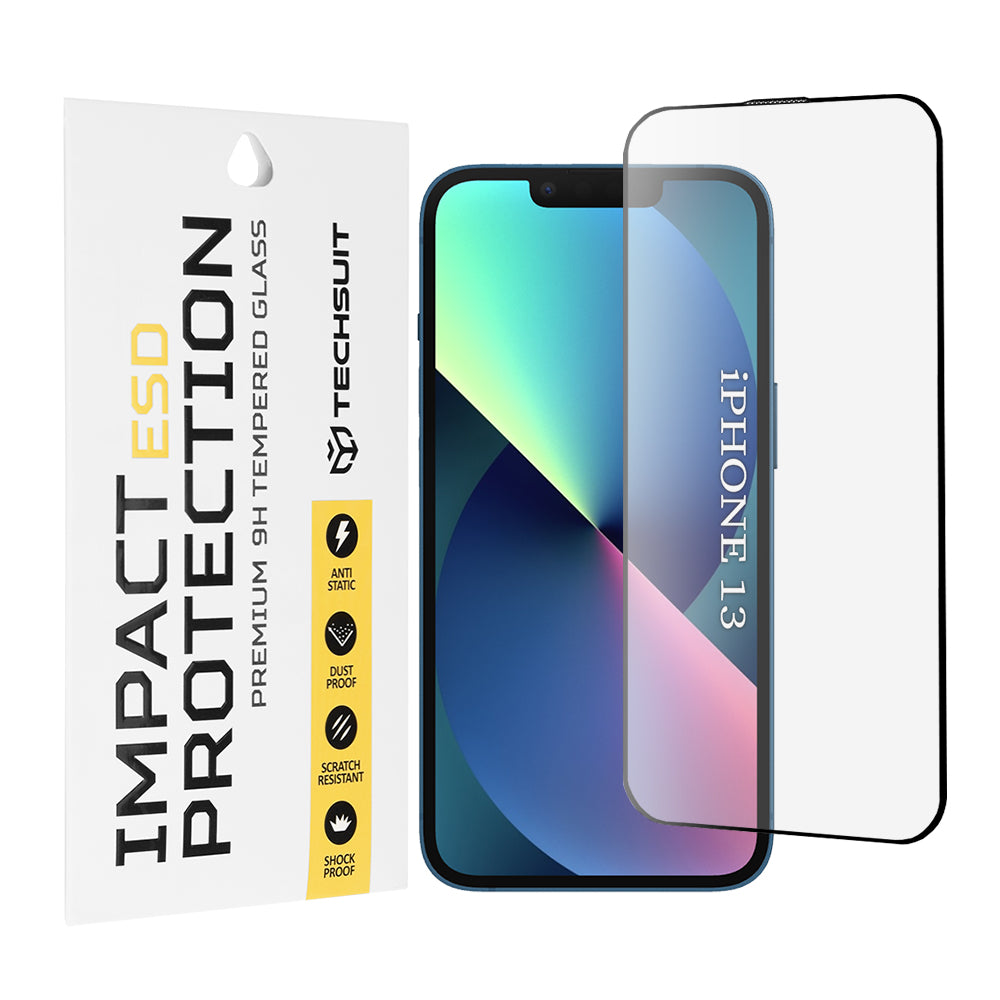 Techsuit Displayschutzfolie für Apple iPhone 14 / 13 Pro / 13, gehärtetes Glas, Full Glue, Schwarz