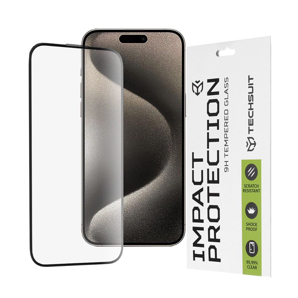 Techsuit Displayschutzfolie für Apple iPhone 15 Pro Max, gehärtetes Glas, Full Glue, 111D, Schwarz