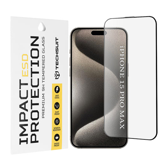 Techsuit schermbeschermfolie voor Apple iPhone 15 Pro Max, gehard glas, full glue, zwart