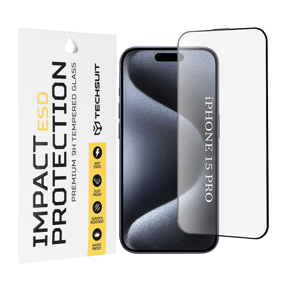 Techsuit Displayschutzfolie für Apple iPhone 15 Pro, gehärtetes Glas, Full Glue, Schwarz