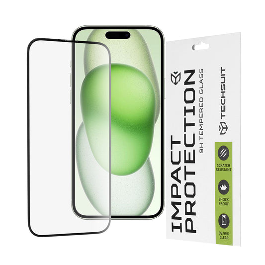 Techsuit schermbeschermfolie voor Apple iPhone 16 Plus / 15 Plus, gehard glas, full glue, 111D, zwart