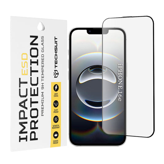 Techsuit schermbeschermfolie voor Apple iPhone 17e / 16e, gehard glas, full glue, zwart