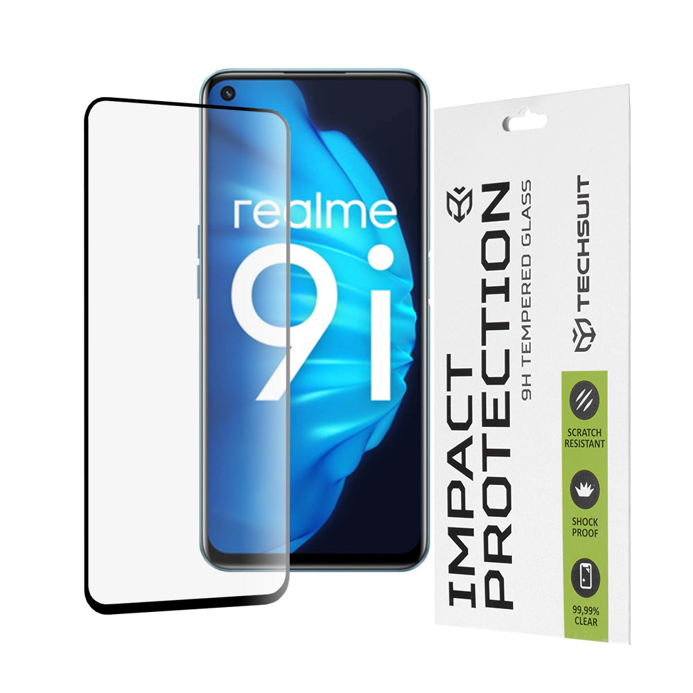 Techsuit Displayschutzfolie für OnePlus Nord CE 2 Lite 5G / Realme Narzo 50 / 9 5G / 9i / 9 Pro, gehärtetes Glas, Full Glue, 111D, Schwarz