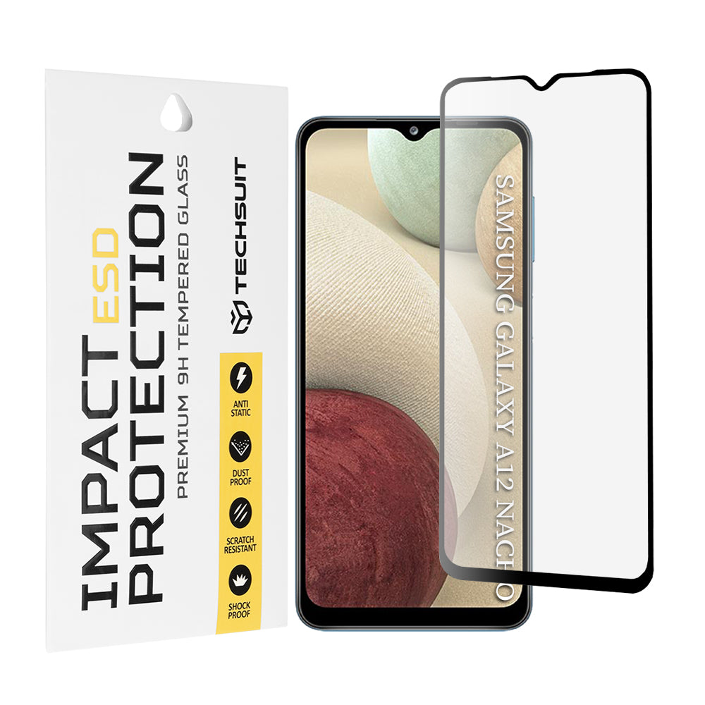 Film de protection d'écran Techsuit pour Samsung Galaxy F12 F127 / A12 Nacho A127 / M02 M022 / M12 M127, Verre trempé, Collage intégral, Noir