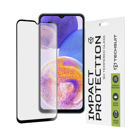 Techsuit schermbeschermfolie voor Samsung Galaxy M13 M135 / F13 E135 / A23 5G A236 / A23 A235, gehard glas, full glue, 111D, zwart