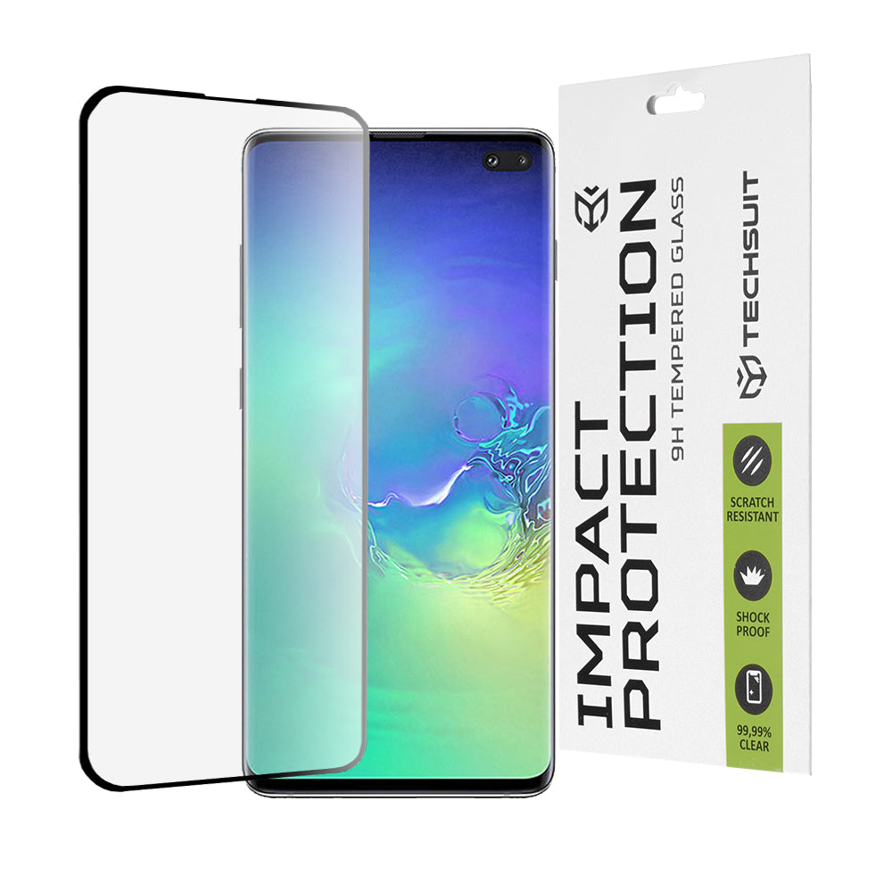 Techsuit Displayschutzfolie für Samsung Galaxy S10+ G975, gehärtetes Glas, Full Glue, 111D, Schwarz