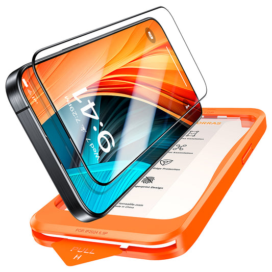 Torras GlassGo Install Master schermbeschermfolie voor Apple iPhone 16 Pro Max, gehard glas, volledige lijm, zwart