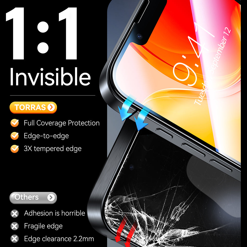 Torras GlassGo Install Master Displayschutzfolie für Apple iPhone 17e / 16e / 14 / 13 Pro, gehärtetes Glas, Vollklebung, 2 Stück Set
