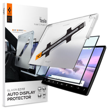 Spigen GlastR EZ FIT Beschermfolie voor Tesla X / S Navigatie (2022 - 2021), Gehard Glas, Zwart AGL04688
