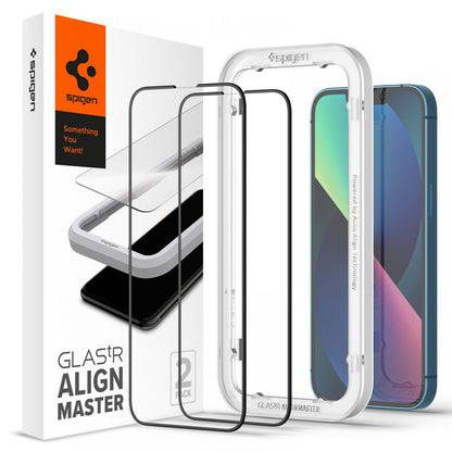 Schutzfolie Spigen GlastR Align Master für Apple iPhone 17e / 16e / 14, gehärtetes Glas, Full Glue, Set 2 Stück, Schwarz AGL03387