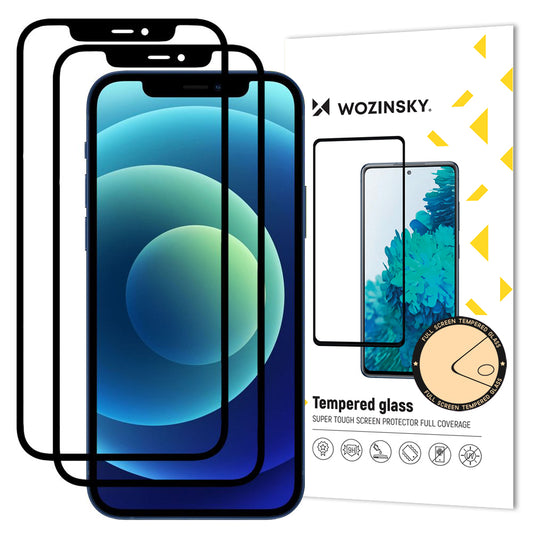 WZK schermbeschermfolie voor Apple iPhone 12 / 12 Pro, gehard glas, volledige lijm, set van 2 stuks, case friendly, zwart