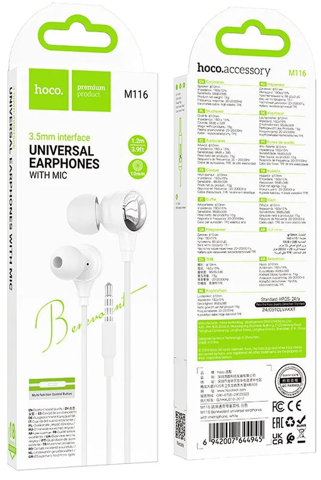 Handsfree 3.5mm HOCO M116, Wit