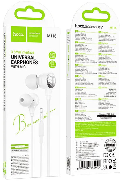Handsfree 3.5mm HOCO M116, Wit