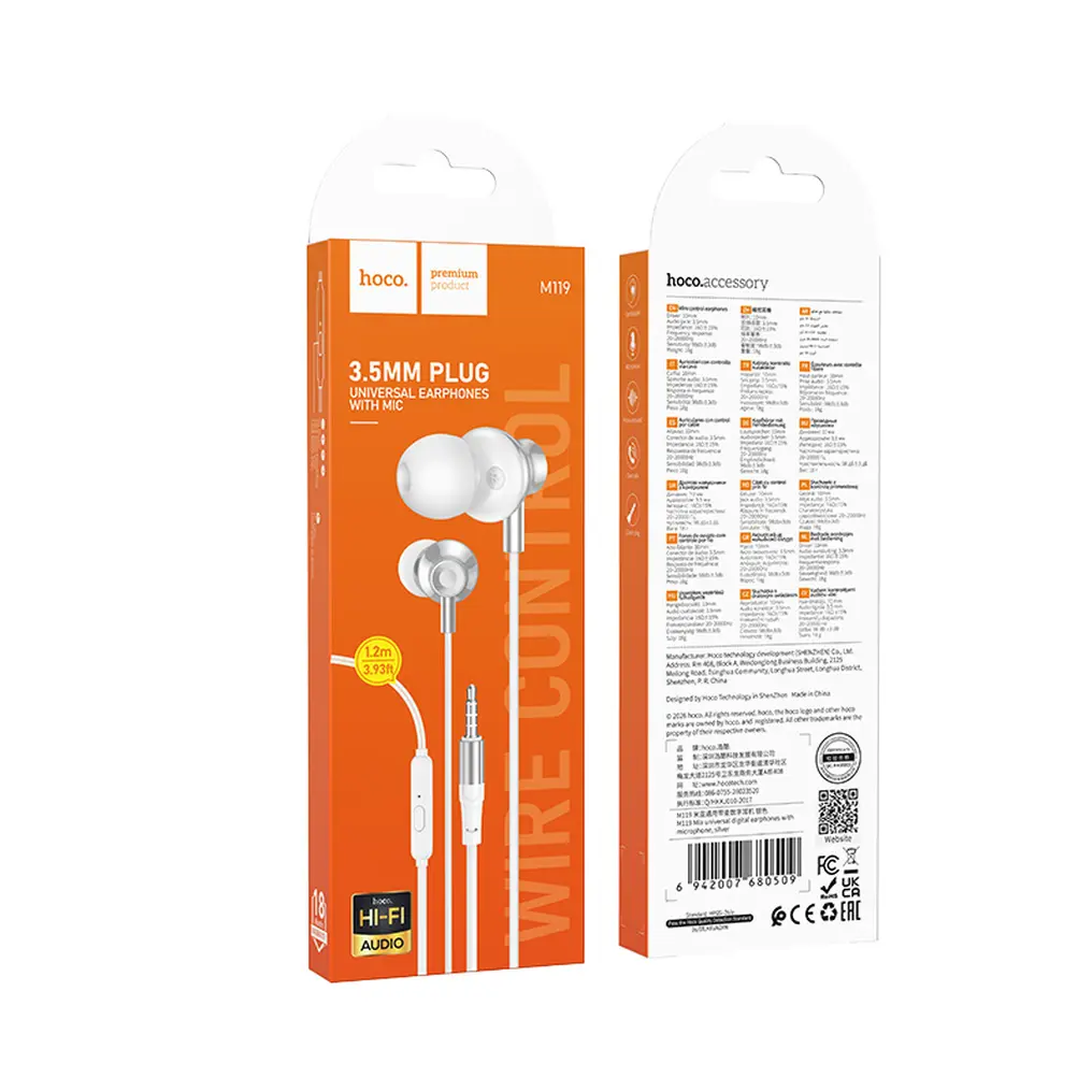 Handsfree 3.5mm HOCO M119, Zilver