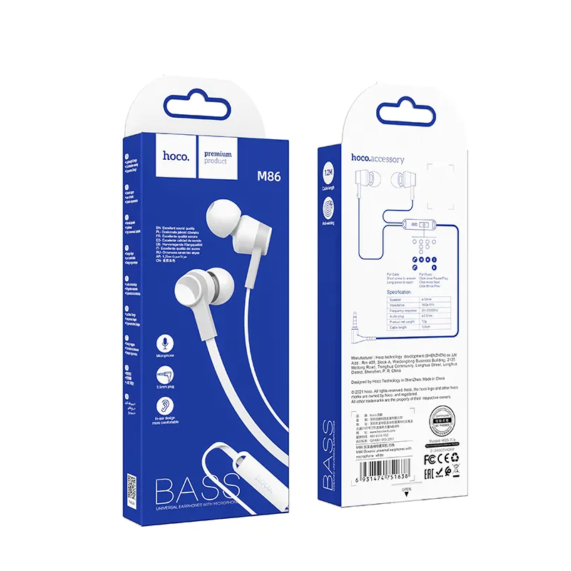 Kit mains libres 3.5mm HOCO M86, Blanc