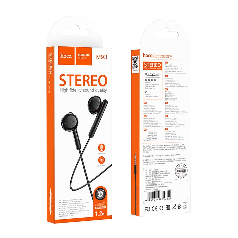 Handsfree 3.5mm HOCO M93, Zwart