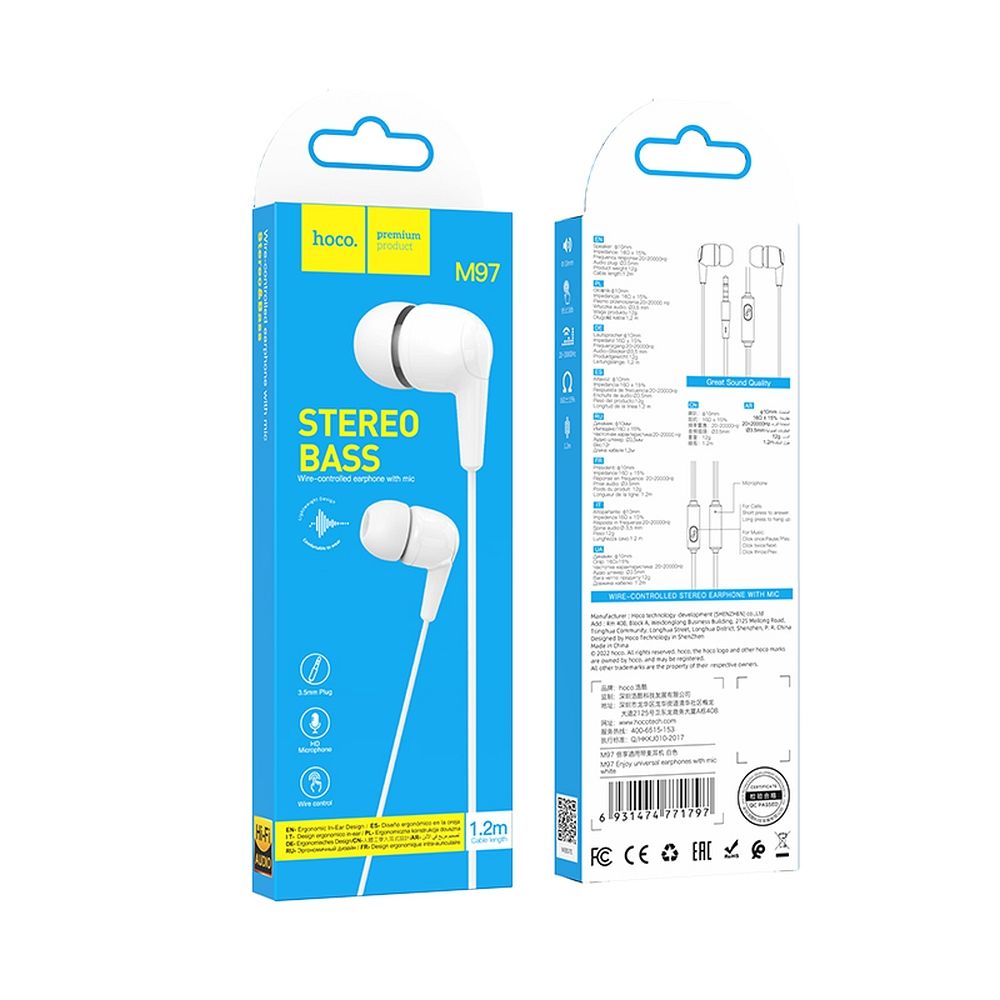 Handsfree 3.5mm HOCO M97, Wit