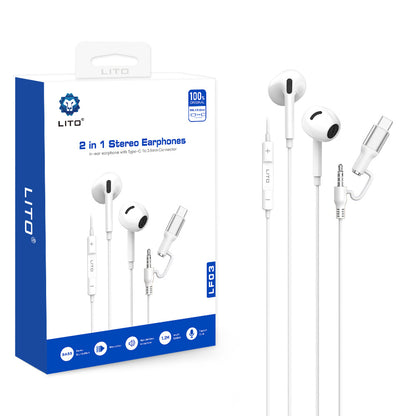 Handsfree 3.5mm / USB-C Lito LF03, Wit