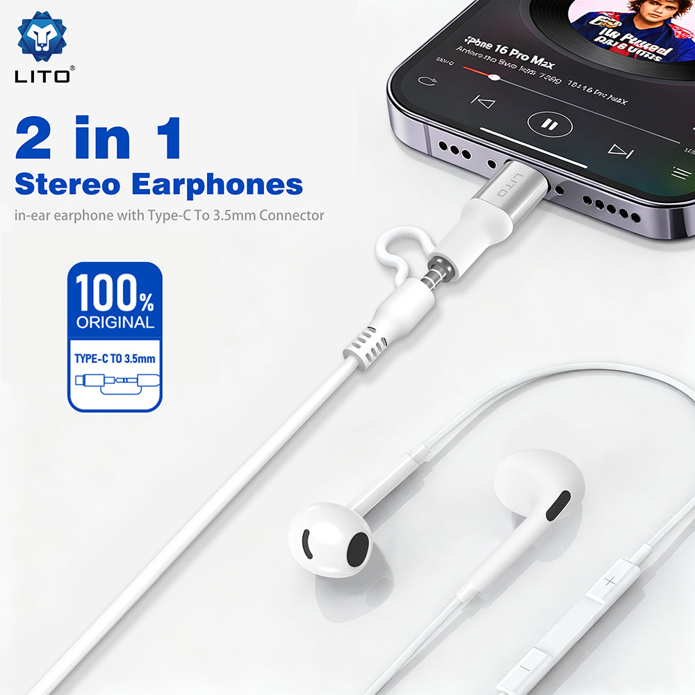 Handsfree 3.5mm / USB-C Lito LF03, Wit