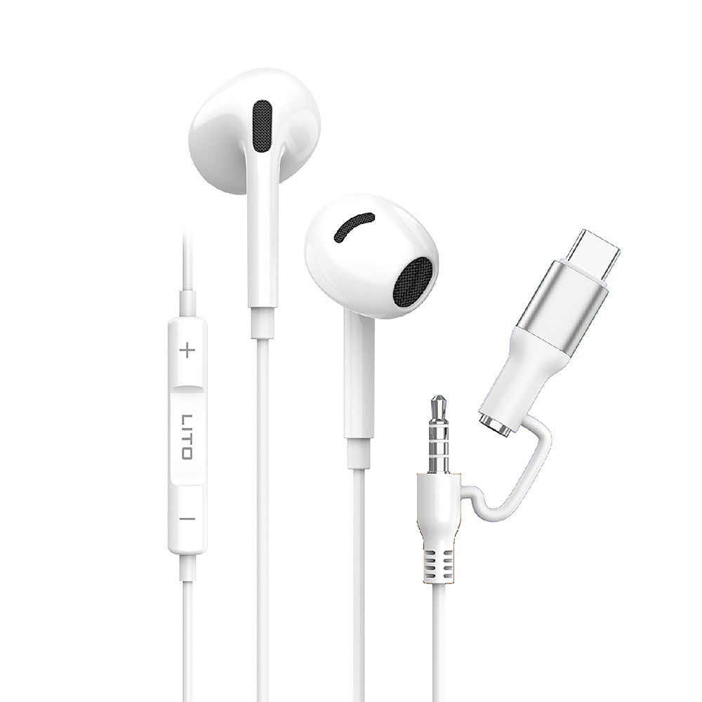 Handsfree 3.5mm / USB-C Lito LF03, Wit