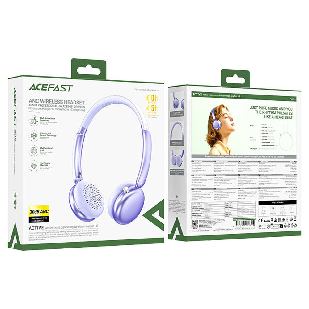 Handsfree Bluetooth Acefast H8, A2DP, ANC, Paars