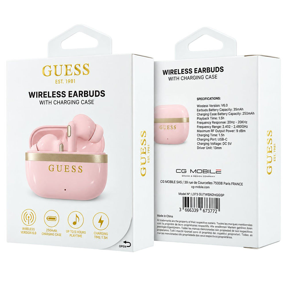 Bluetooth-Freisprecheinrichtung Guess Glossy Gold Line Printed Classic Logo, TWS, Rosa
