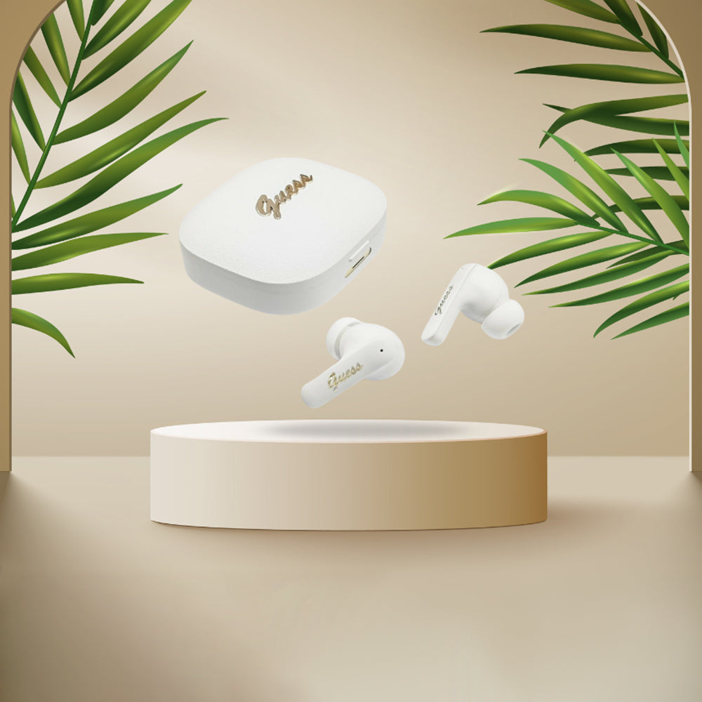 Handsfree Bluetooth Guess Script Metalen Logo, TWS, Wit